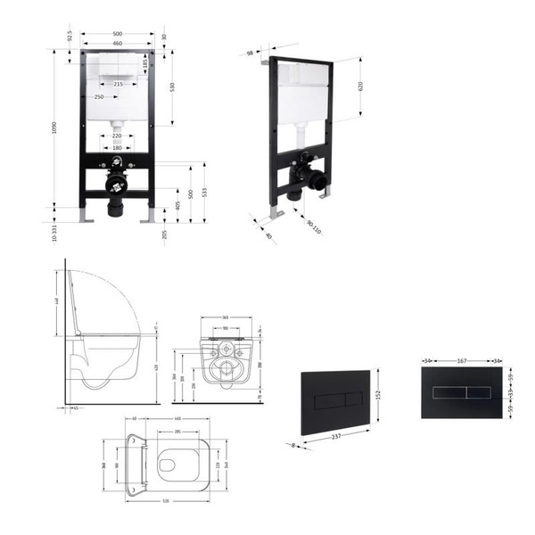 Готовое решение Qtap для ванной комнаты: подвесной унитаз Gemini Ultra Quiet 520 x 360 x 350 + комплект инсталляции Standard (линейная кнопка Black)