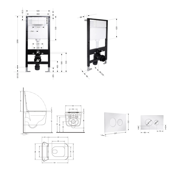 Готовое решение Qtap для ванной комнаты: подвесной унитаз Gemini Ultra Quiet Black 520 x 360 x 350 + комплект инсталляции Standard (круглая кнопка Chrome)