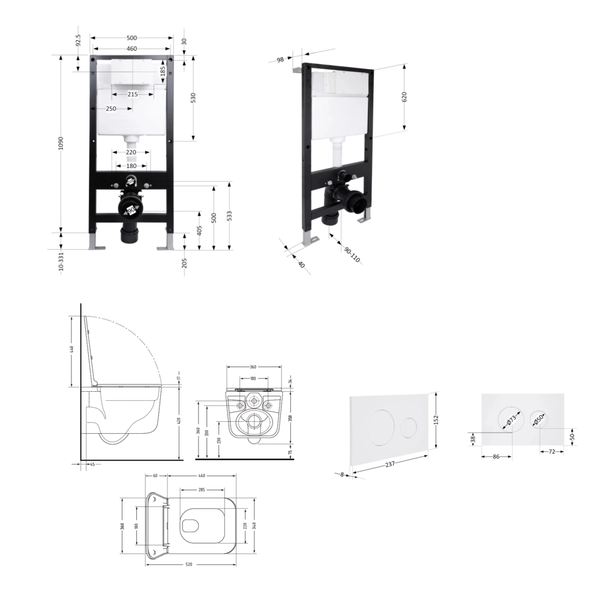 Готове рішення Qtap для ванної кімнати: підвісний унітаз Gemini Ultra Quiet Black 520 x 360 x 350 + комплект інсталяції Standard (кругла клавіша White)