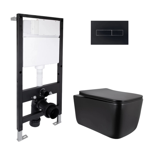 Готовое решение Qtap для ванной комнаты: подвесной унитаз Gemini Ultra Quiet Black 520 x 360 x 350 + комплект инсталляции Standard (линейная кнопка Black)