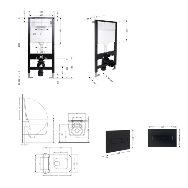 Готовое решение Qtap для ванной комнаты: подвесной унитаз Gemini Ultra Quiet Black 520 x 360 x 350 + комплект инсталляции Standard (линейная кнопка Black)