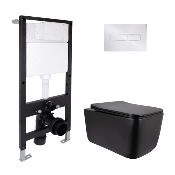 Готове рішення Qtap для ванної кімнати: підвісний унітаз Gemini Ultra Quiet Black 520 x 360 x 350 + комплект інсталяції Standard (лінійна клавіша Chrome)