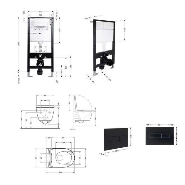 Готовое решение Qtap для ванной комнаты: подвесной унитаз Jay Rimless 520 x 360 x 320 + комплект инсталляции Standard (линейная кнопка Black)