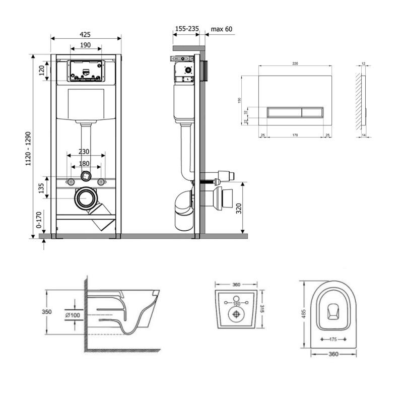 Готовое решение Qtap для ванной комнаты: подвесной унитаз Jay Ultra Quiet 485 x 360 x 320 + комплект инсталляции Nest 4 в 1 (линейная клавиша Matt Black)