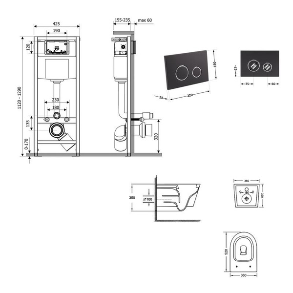 Готовое решение Qtap для ванной комнаты: подвесной унитаз Jay Ultra Quiet 520 x 360 x 320 + комплект инсталляции Nest 4 в 1 (круглая клавиша Matt Black)