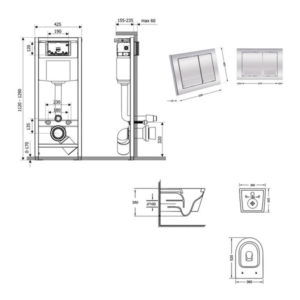 Готовое решение Qtap для ванной комнаты: подвесной унитаз Jay Ultra Quiet 520 x 360 x 320 + комплект инсталляции Nest 4 в 1 (квадратная клавиша Chrome)