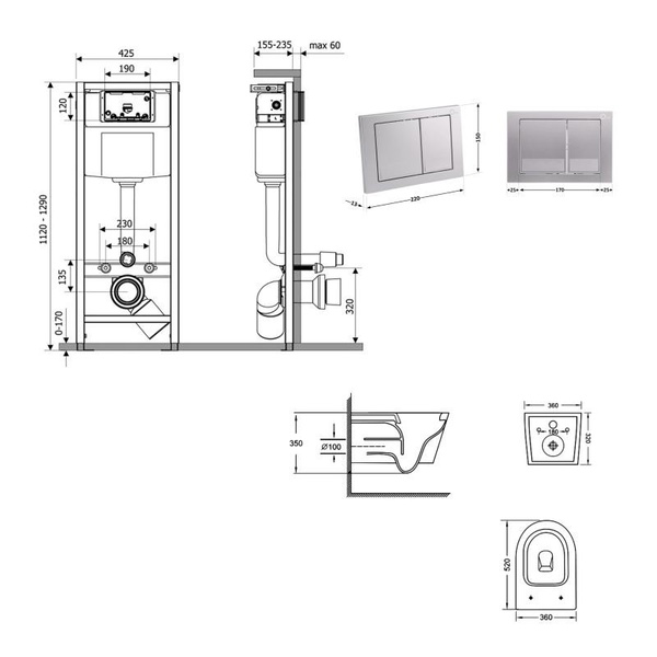 Готовое решение Qtap для ванной комнаты: подвесной унитаз Jay Ultra Quiet 520 x 360 x 320 + комплект инсталляции Nest 4 в 1 (квадратная клавиша Satin)