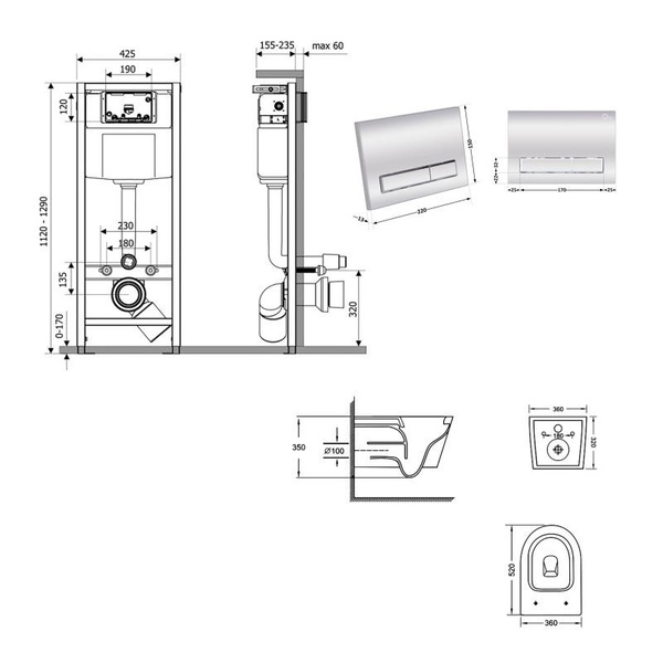 Готовое решение Qtap для ванной комнаты: подвесной унитаз Jay Ultra Quiet 520 x 360 x 320 + комплект инсталляции Nest 4 в 1 (линейная клавиша Chrome)