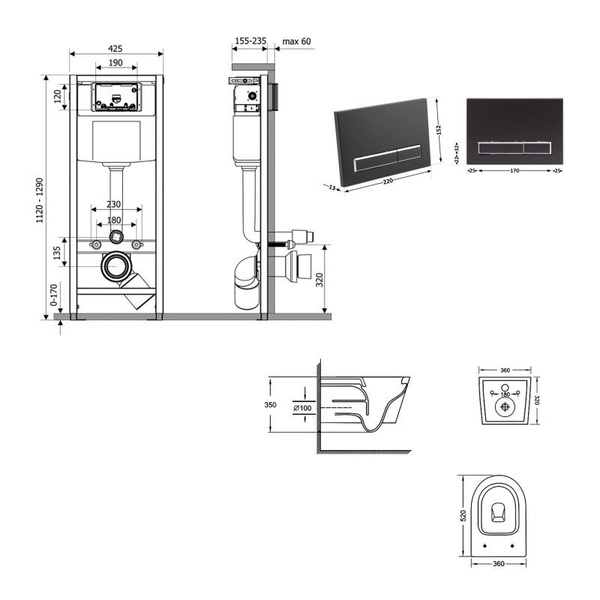 Готовое решение Qtap для ванной комнаты: подвесной унитаз Jay Ultra Quiet 520 x 360 x 320 + комплект инсталляции Nest 4 в 1 (линейная клавиша Matt Black)