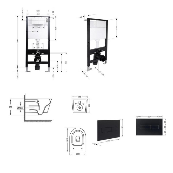 Готовое решение Qtap для ванной комнаты: подвесной унитаз Jay Ultra Quiet 520 x 360 x 320 + комплект инсталляции Standard (линейная кнопка Black)