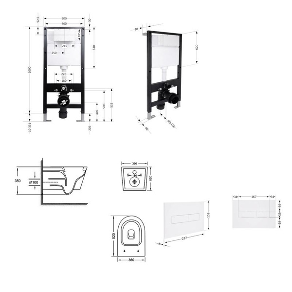 Готовое решение Qtap для ванной комнаты: подвесной унитаз Jay Ultra Quiet 520 x 360 x 320 + комплект инсталляции Standard (линейная кнопка White)