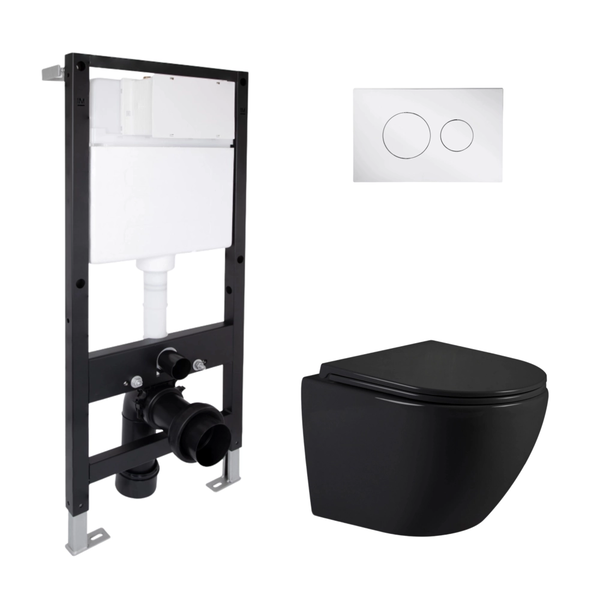 Готовое решение Qtap для ванной комнаты: подвесной унитаз Jay Ultra Quiet Black 485 x 360 x 320 + комплект инсталляции Standard (круглая кнопка Chrome)