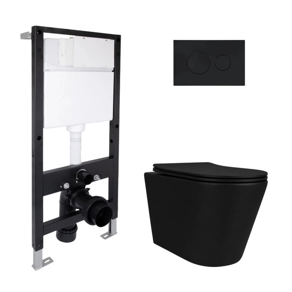 Готовое решение Qtap для ванной комнаты: подвесной унитаз Scorpio Ultra Quiet Black 520 x 365 x 365 + комплект инсталляции Standard (круглая кнопка Black)
