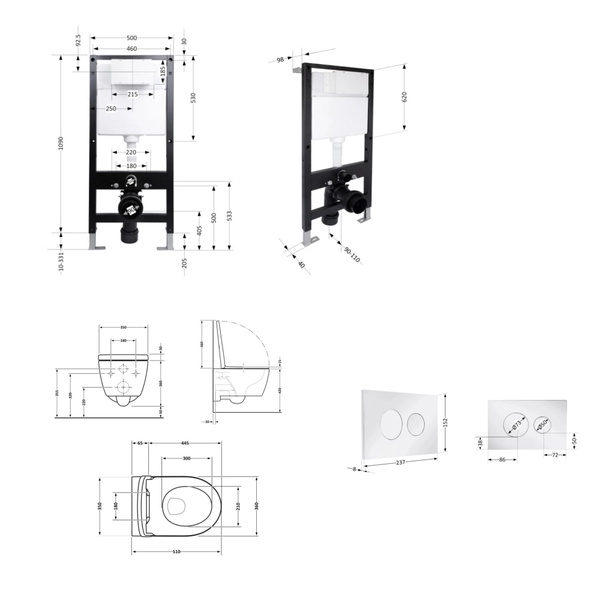 Готовое решение Qtap для ванной комнаты: подвесной унитаз Scorpio Ultra Quiet Black 520 x 365 x 365 + комплект инсталляции Standard (круглая кнопка Chrome)