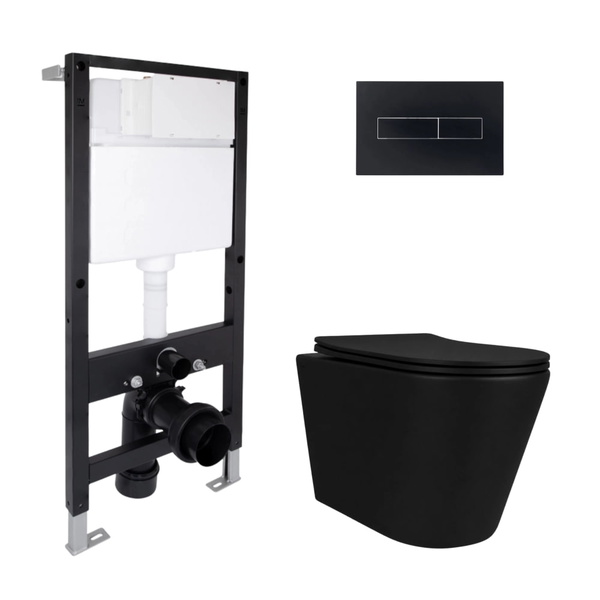 Готовое решение Qtap для ванной комнаты: подвесной унитаз Scorpio Ultra Quiet Black 520 x 365 x 365 + комплект инсталляции Standard (линейная кнопка Black)