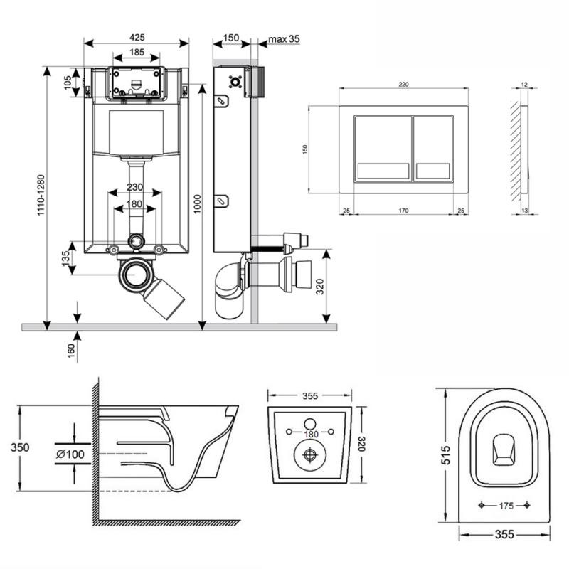 Готове рішення Qtap для ванної кімнати: підвісний унітаз Swan Rimless 520 х 360 х 320 + комплект інсталяції Nest 4 в 1 (квадратна клавіша Satin)