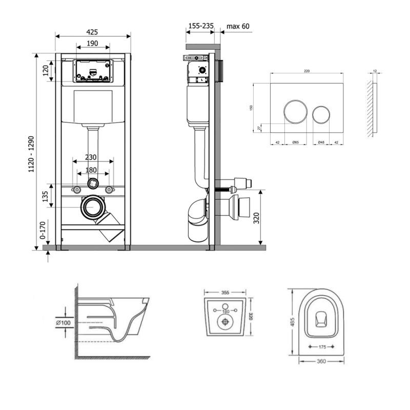 Готове рішення Qtap для ванної кімнати: підвісний унітаз Swan Ultra Quiet 485 x 360 x 320 + комплект інсталяції Nest 4 в 1 (кругла клавіша Matt Black)