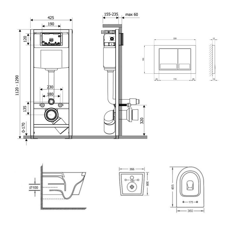Готове рішення Qtap для ванної кімнати: підвісний унітаз Swan Ultra Quiet 485 x 360 x 320 + комплект інсталяції Nest 4 в 1 (квадратна клавіша Chrome)
