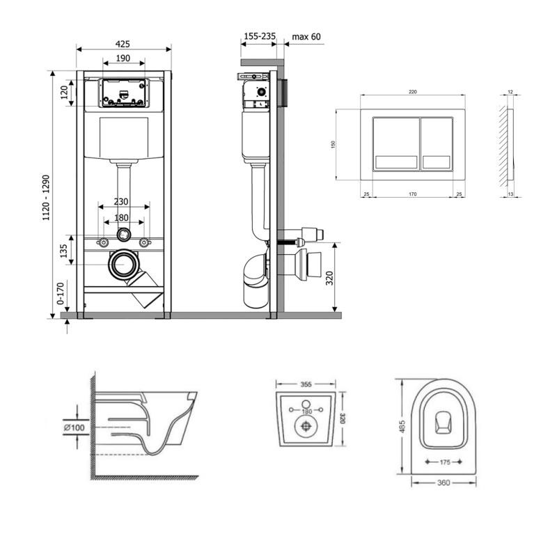 Готове рішення Qtap для ванної кімнати: підвісний унітаз Swan Ultra Quiet 485 x 360 x 320 + комплект інсталяції Nest 4 в 1 (квадратна клавіша Satin)