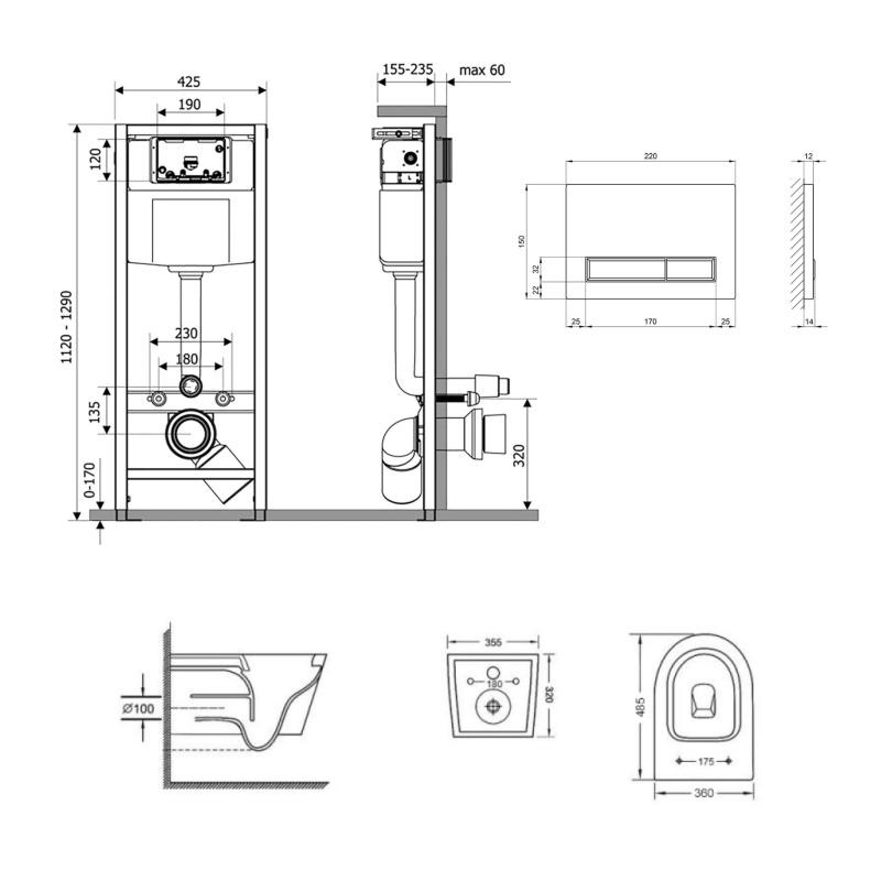 Готове рішення Qtap для ванної кімнати: підвісний унітаз Swan Ultra Quiet 485 x 360 x 320 + комплект інсталяції Nest 4 в 1 (лінійна клавіша Matt Black)