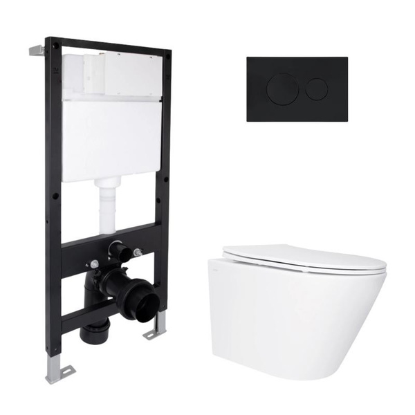 Готовое решение Qtap для ванной комнаты: подвесной унитаз Swan Ultra Quiet 485 x 360 x 320 + комплект инсталляции Standard (круглая кнопка Black)