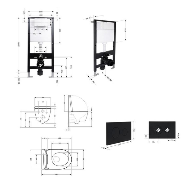 Готовое решение Qtap для ванной комнаты: подвесной унитаз Swan Ultra Quiet 485 x 360 x 320 + комплект инсталляции Standard (круглая кнопка Black)