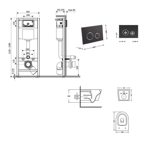 Готовое решение Qtap для ванной комнаты: подвесной унитаз Swan Ultra Quiet 520 x 360 x 320 + комплект инсталляции Nest 4 в 1 (круглая клавиша Matt Black)