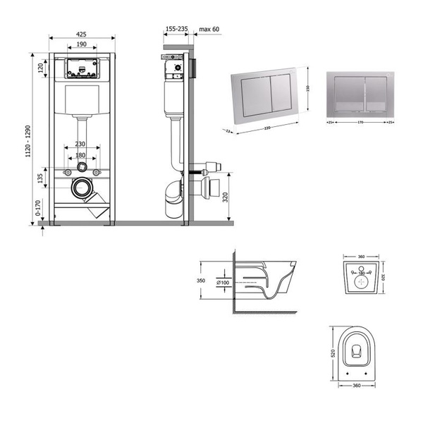 Готовое решение Qtap для ванной комнаты: подвесной унитаз Swan Ultra Quiet 520 x 360 x 320 + комплект инсталляции Nest 4 в 1 (квадратная клавиша Satin)