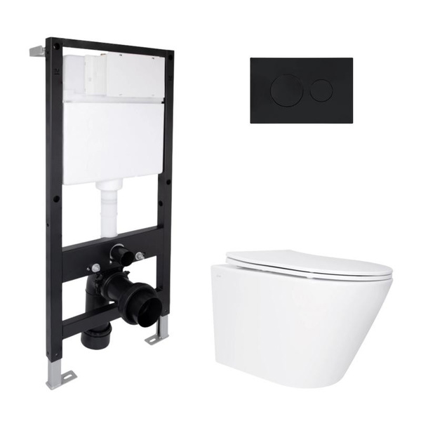 Готовое решение Qtap для ванной комнаты: подвесной унитаз Swan Ultra Quiet 520 x 360 x 320 + комплект инсталляции Standard (круглая кнопка Black)