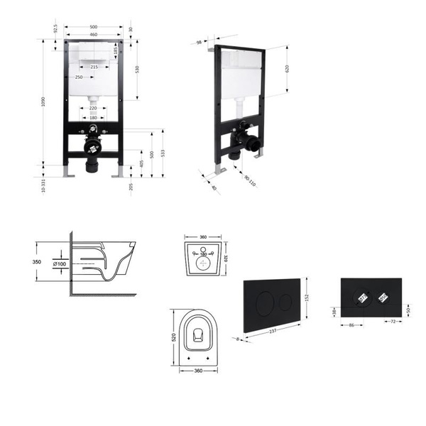 Готовое решение Qtap для ванной комнаты: подвесной унитаз Swan Ultra Quiet 520 x 360 x 320 + комплект инсталляции Standard (круглая кнопка Black)