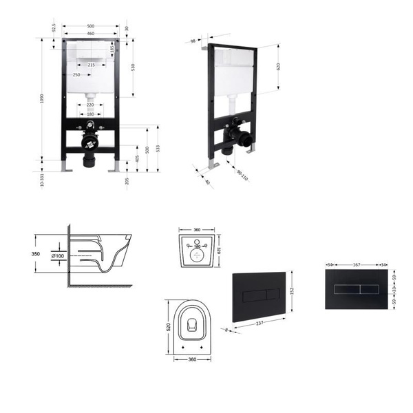 Готовое решение Qtap для ванной комнаты: подвесной унитаз Swan Ultra Quiet 520 x 360 x 320 + комплект инсталляции Standard (линейная кнопка Black)