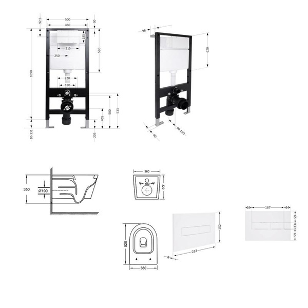 Готовое решение Qtap для ванной комнаты: подвесной унитаз Swan Ultra Quiet 520 x 360 x 320 + комплект инсталляции Standard (линейная кнопка White)