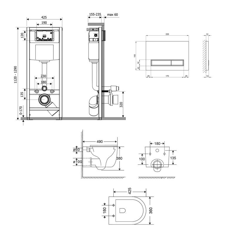 Готове рішення Qtap для ванної кімнати: підвісний унітаз Taurus Ultra Quiet 485 x 360 x 350 + комплект інсталяції Nest 4 в 1 (лінійна клавіша White)