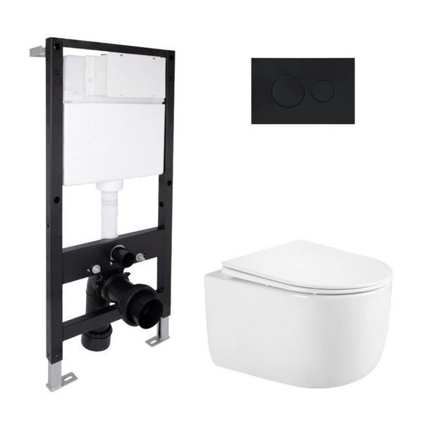 Готовое решение Qtap для ванной комнаты: подвесной унитаз Taurus Ultra Quiet 485 x 360 x 350 + комплект инсталляции Standard (круглая кнопка Black)