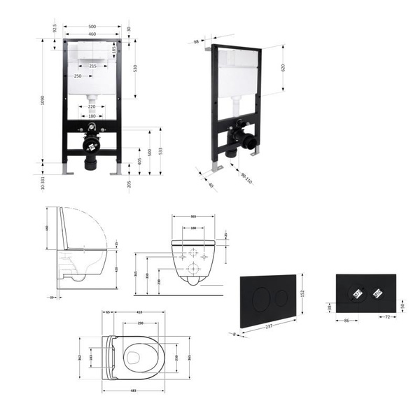 Готовое решение Qtap для ванной комнаты: подвесной унитаз Taurus Ultra Quiet 485 x 360 x 350 + комплект инсталляции Standard (круглая кнопка Black)