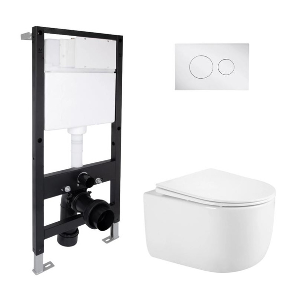 Готовое решение Qtap для ванной комнаты: подвесной унитаз Taurus Ultra Quiet 485 x 360 x 350 + комплект инсталляции Standard (круглая кнопка Chrome)
