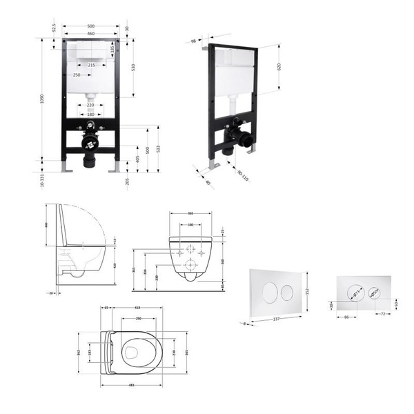 Готовое решение Qtap для ванной комнаты: подвесной унитаз Taurus Ultra Quiet 485 x 360 x 350 + комплект инсталляции Standard (круглая кнопка Chrome)