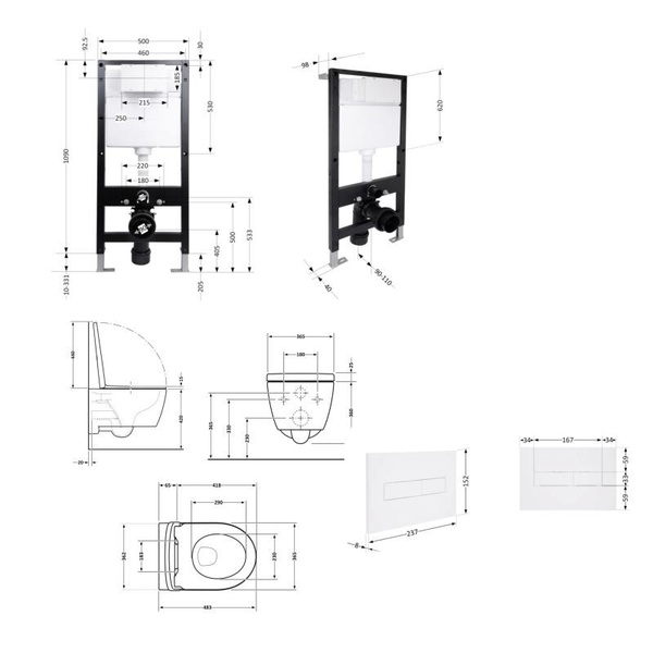 Готовое решение Qtap для ванной комнаты: подвесной унитаз Taurus Ultra Quiet 485 x 360 x 350 + комплект инсталляции Standard (линейная кнопка White)