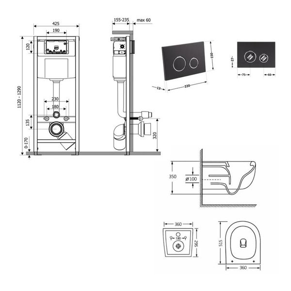 Готовое решение Qtap для ванной комнаты: подвесной унитаз Taurus Ultra Quiet 515 x 360 x 350 + комплект инсталляции Nest 4 в 1 (круглая клавиша Matt Black)