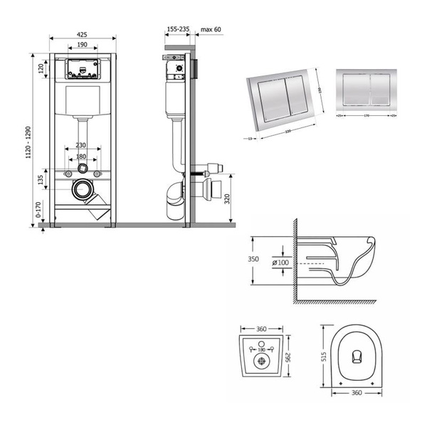 Готовое решение Qtap для ванной комнаты: подвесной унитаз Taurus Ultra Quiet 515 x 360 x 350 + комплект инсталляции Nest 4 в 1 (квадратная клавиша Chrome)