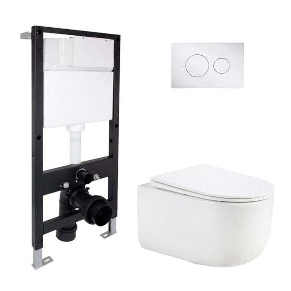 Готовое решение Qtap для ванной комнаты: подвесной унитаз Taurus Ultra Quiet 515 x 360 x 350 + комплект инсталляции Standard (круглая кнопка Chrome)