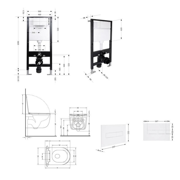 Готовое решение Qtap для ванной комнаты: подвесной унитаз Taurus Ultra Quiet 515 x 360 x 350 белый + комплект инсталляции Standard (линейная кнопка White)