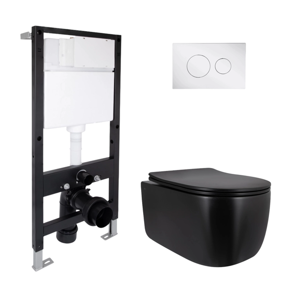 Готовое решение Qtap для ванной комнаты: подвесной унитаз Taurus Ultra Quiet Black 515 x 360 x 350 + комплект инсталляции Standard (круглая кнопка Chrome)