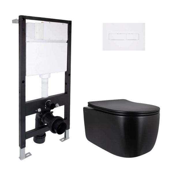 Готовое решение Qtap для ванной комнаты: подвесной унитаз Taurus Ultra Quiet Black 515 x 360 x 350 черный + комплект инсталляции Standard (линейная кнопка White)