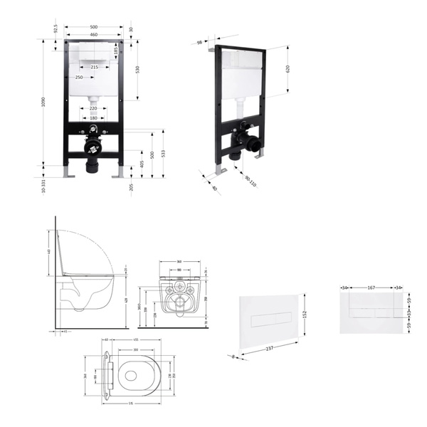 Готовое решение Qtap для ванной комнаты: подвесной унитаз Taurus Ultra Quiet Black 515 x 360 x 350 черный + комплект инсталляции Standard (линейная кнопка White)