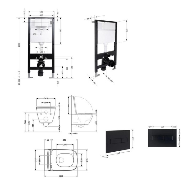 Готовое решение Qtap для ванной комнаты: подвесной унитаз Tern Ultra Quiet 490 x 365 x 325 + комплект инсталляции Standard (линейная кнопка Black)