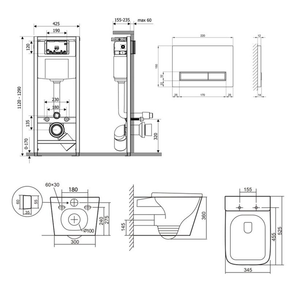 Готовое решение Qtap для ванной комнаты: подвесной унитаз Tern Ultra Quiet 525 x 345 x 360 + комплект инсталляции Nest 4 в 1 (линейная клавиша White)