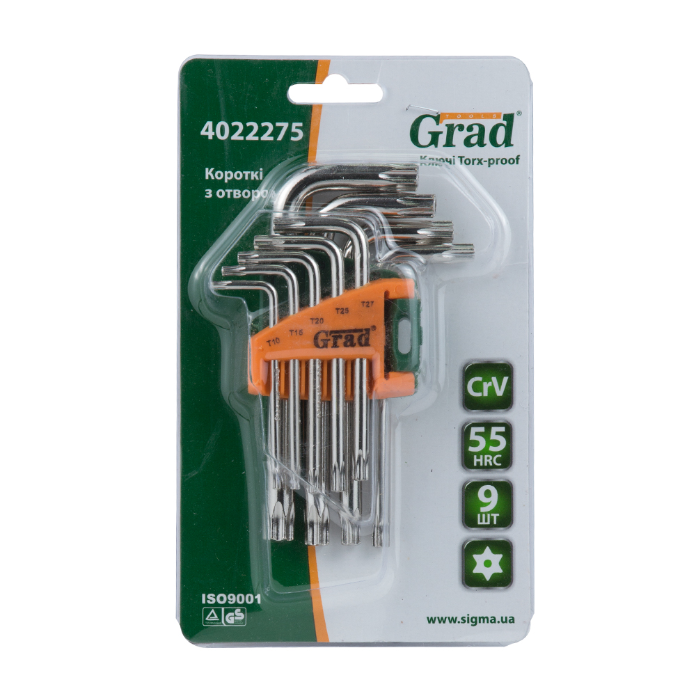 Ключі Grad Torx CrV 9 шт. T10-T50 мм CrV (короткі з отвором)