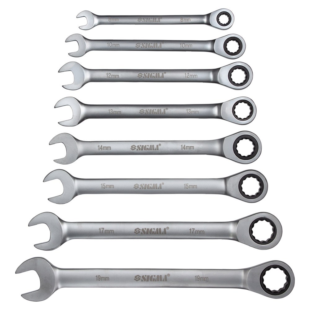 Ключі ріжково-накидні Sigma CrV з тріскачкою 8 шт (8, 10, 12, 13, 14, 15, 17, 19 мм)