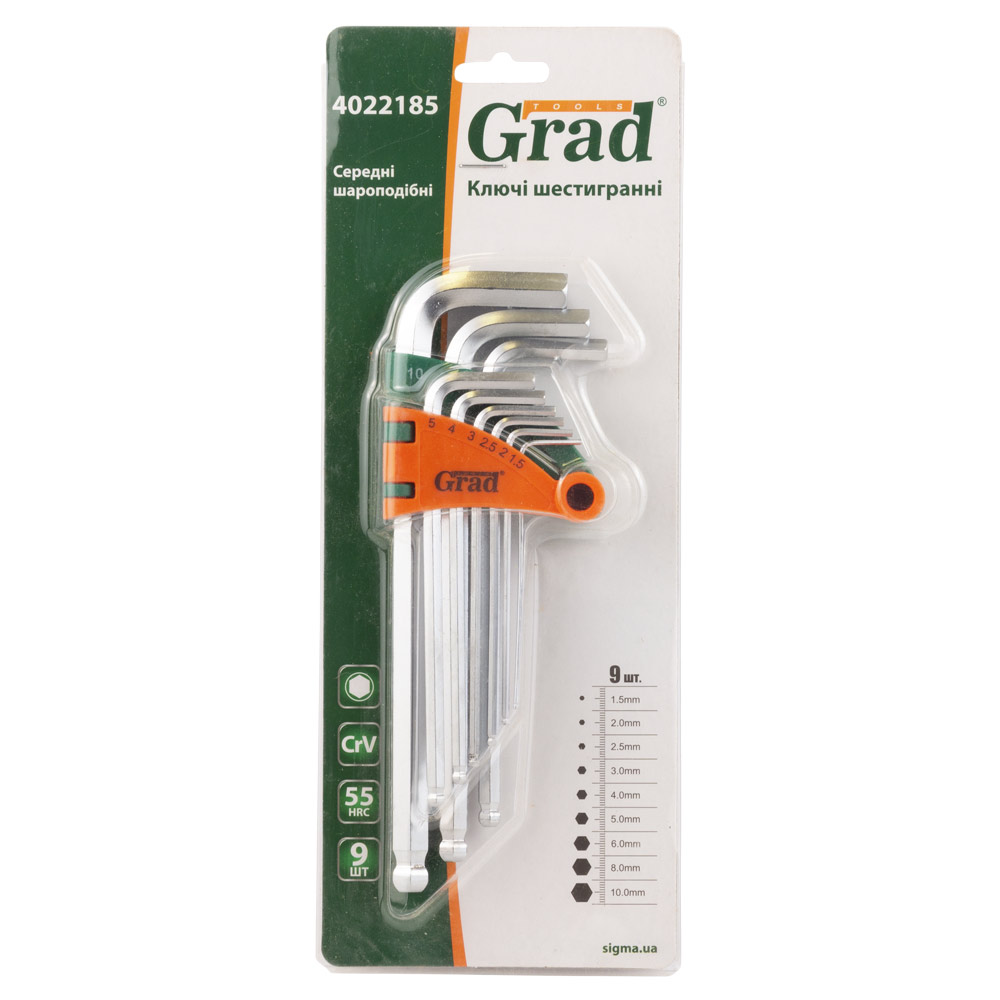 Ключі шестигранні Grad CrV 9 шт. 1.5-10 мм (середні куля)